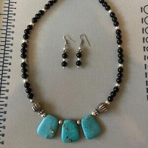 Turquoise Black Beaded Gemstone Crstal Handmade Necklace Earrings Boho Gypsy